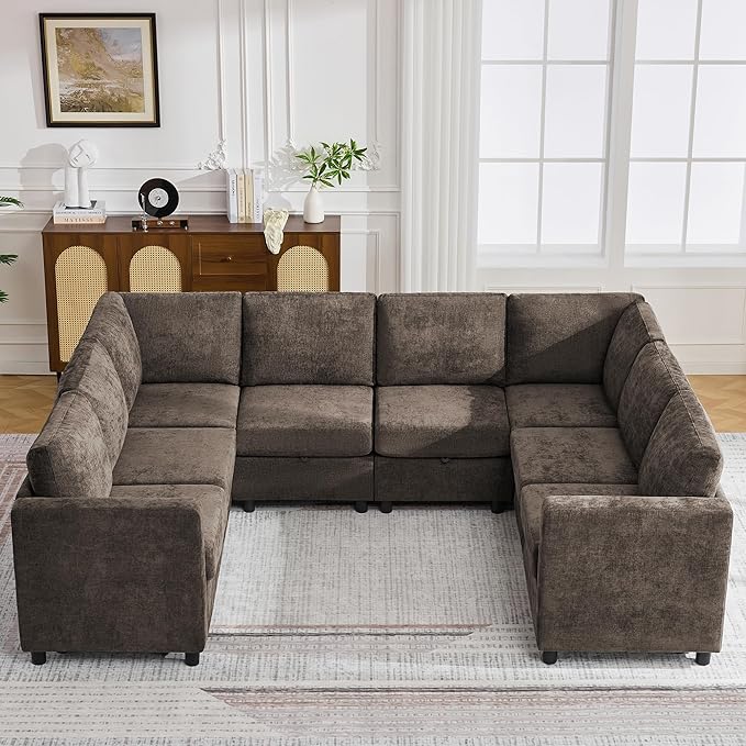104'' U Shaped Modular Sofa, Sectional Couches with Storage for Living Room, Oversized 8 Seater Cloud Sectional Couch, Chenille Brown
