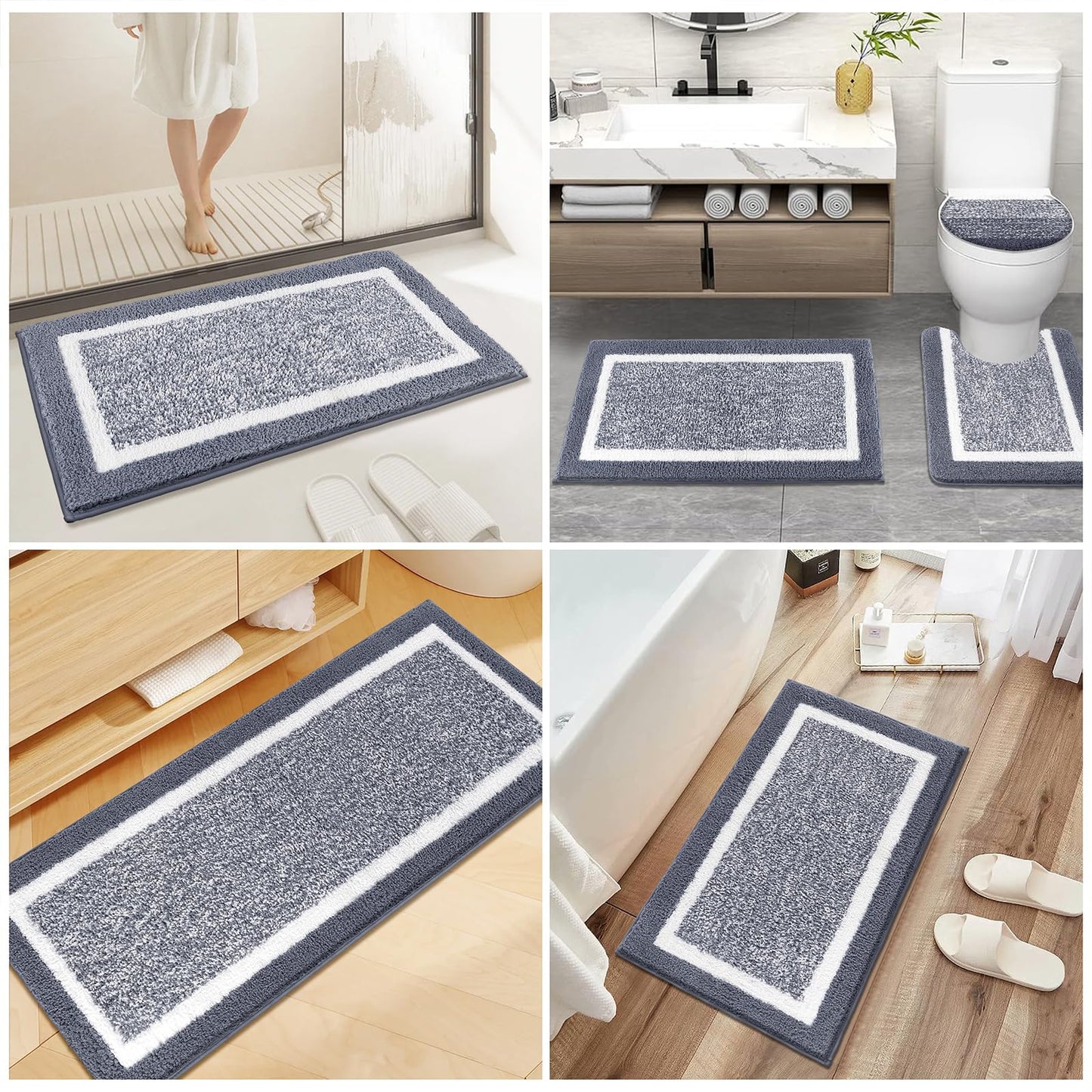 Pauwer Bathroom Rugs Set 5 Piece, Plush Absorbent Microfiber Bath Mats for Bathroom, Non Slip Washable Bath Rug Set with U Shaped Contour Toilet Rugs, Shower Rug and Toilet Lid Cover, Dark Grey
