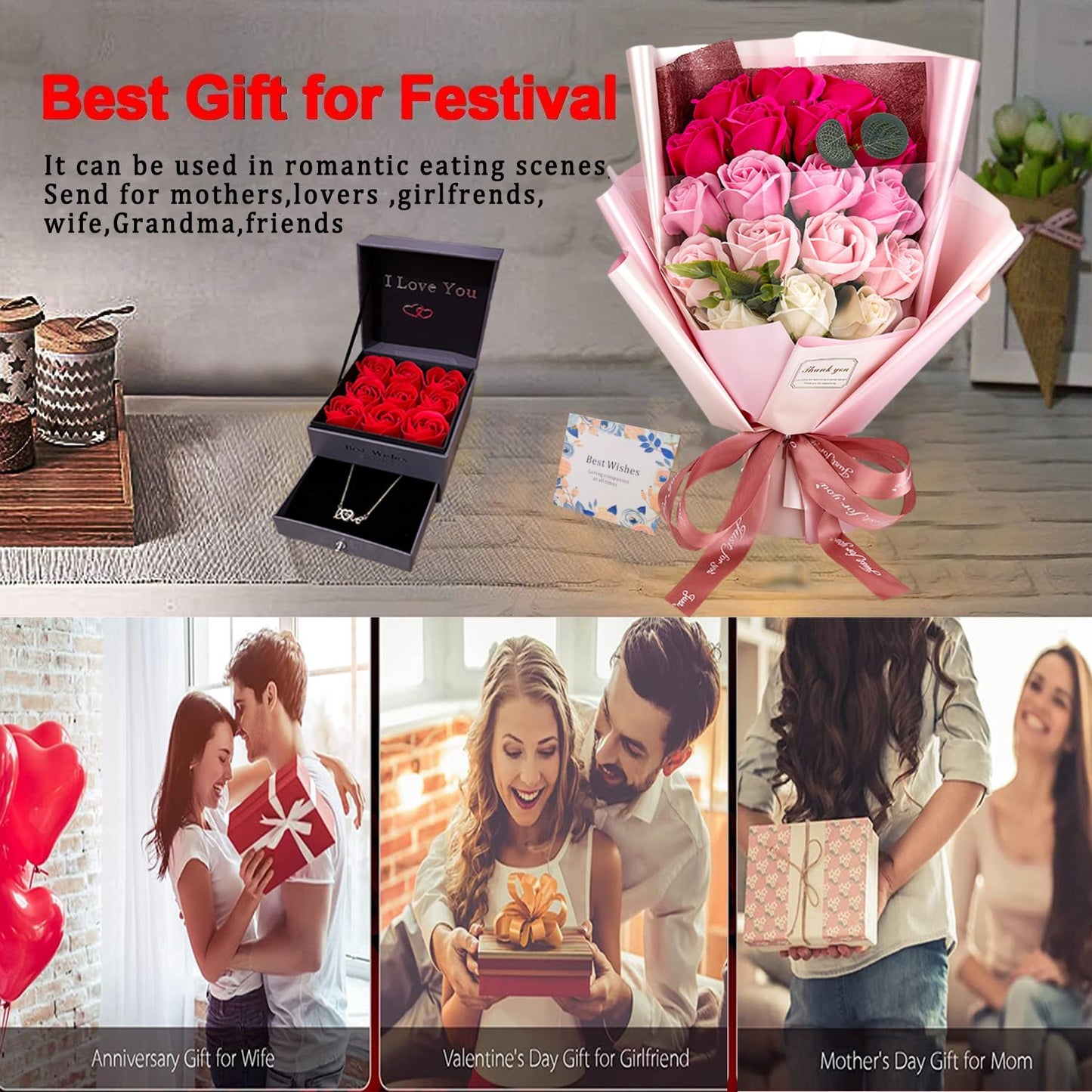 EIGHTOWN Roses Bouquet Artificial Flower - Preserved Red Flowers with Love Necklace for Her - Unique Gifts Valentine's Day, Mother's Day, Thanksgiving, Birthday, Anniversary… (Hotpink)
