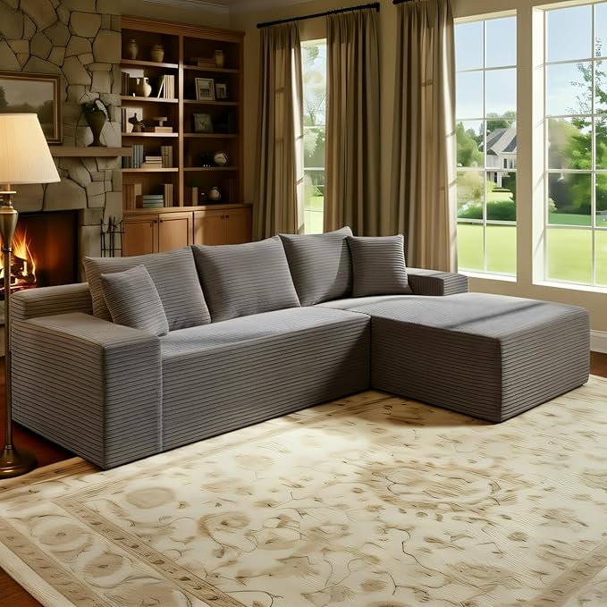 105’’ L-Shape Modular Sectional Sofa with Chaise, Convertible Cloud Couch, Corduroy Fabric & High-Density Memory Foam, No Assembly Required for Living Room (Grey, Right Facing Chaise)
