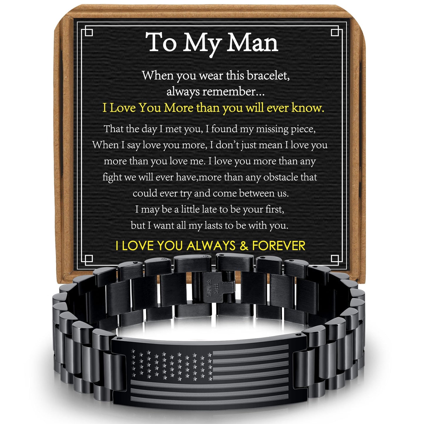 VULETO To My Man Bracelet Gifts for Men, Stainless Steel Watch American Link Bracelet Valentines Fathers Birthday Anniversary Jewelry Mens Gifts Presents for Husband Boyfriend Men Him Male from Wife Girlfriend 4th of July