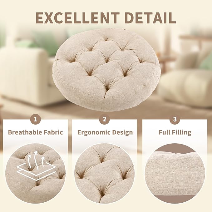 Meditation Floor Pillow, Round Floor Cushions for Adults, Button Tufted Seat Cushions for Yoga Tatami Living Room, Beige, 22 x 22 x 4 in