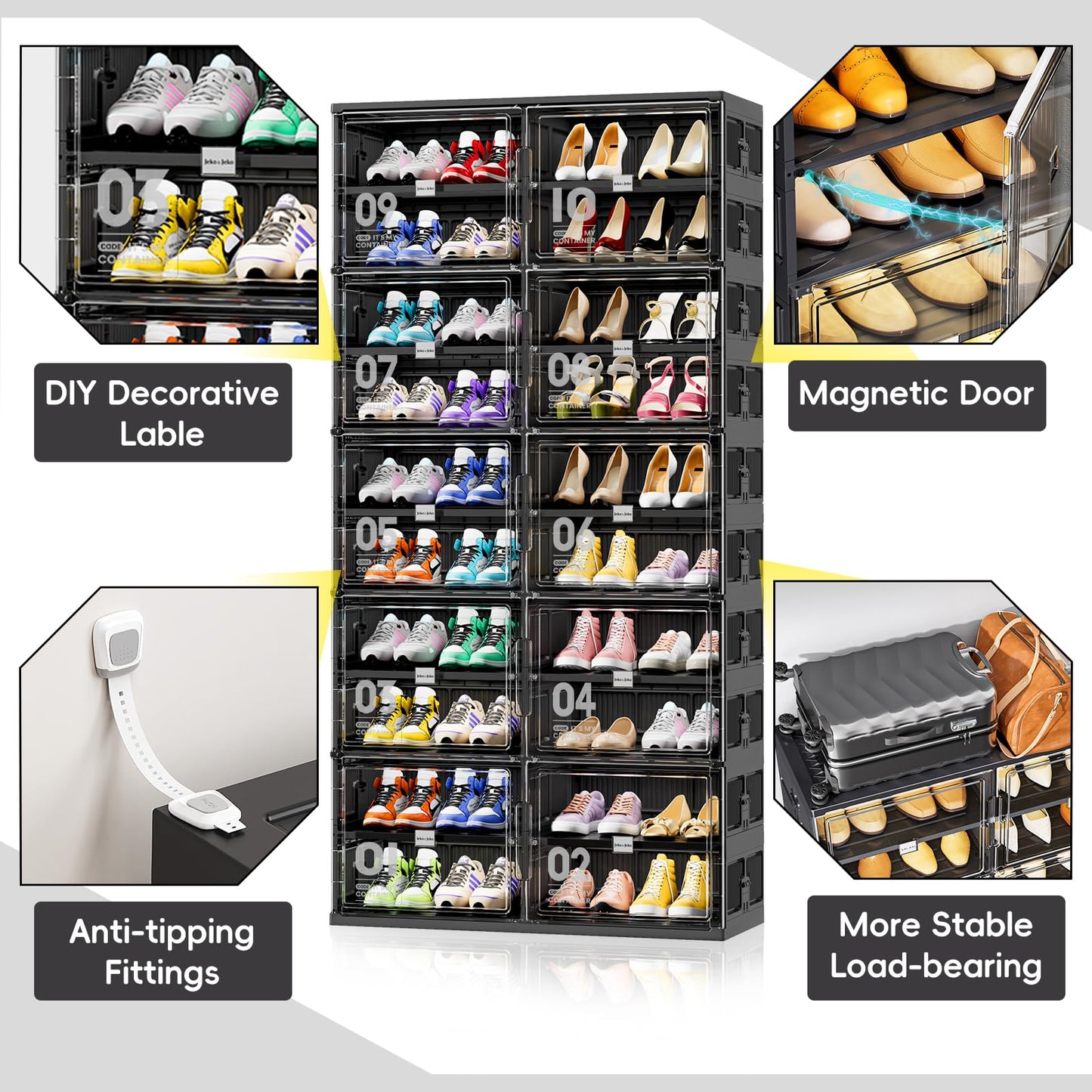 JEKO&JEKO 10 Tiers Foldable Shoe Rack Organizer Cabinet for Closet Entryway, Large Collapsible Shoe Storage Box with Magnetic Doors Fits Up to 40 Pairs (Black)