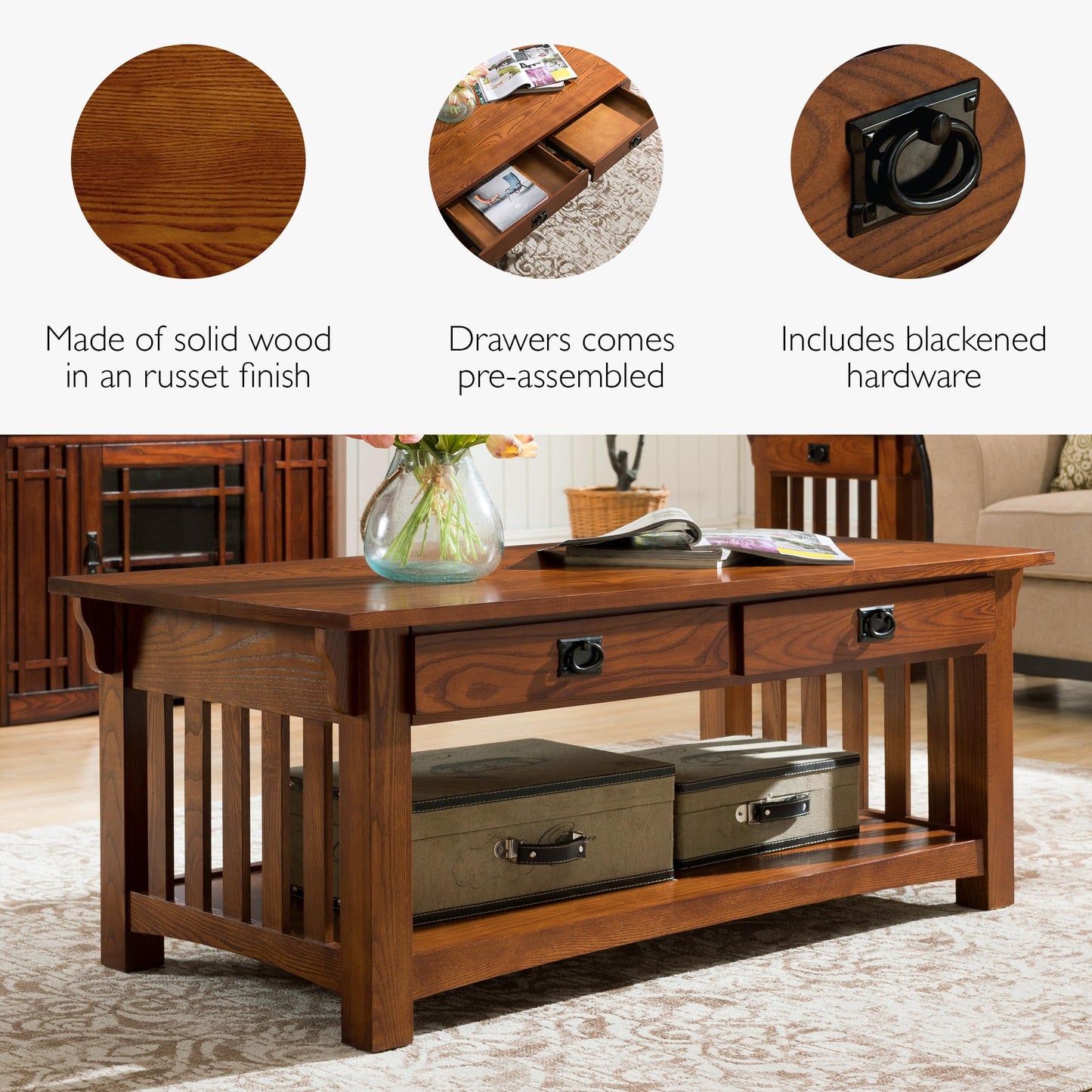 Leick Home Mission Impeccable Coffee Table, Solid Wood with 2 Drawers & Shelf, Medium Oak Finish, Blackened Hardware, Slatted Sides, Easy Assembly, 48 in W x 24 in D x 19 in H, 8204