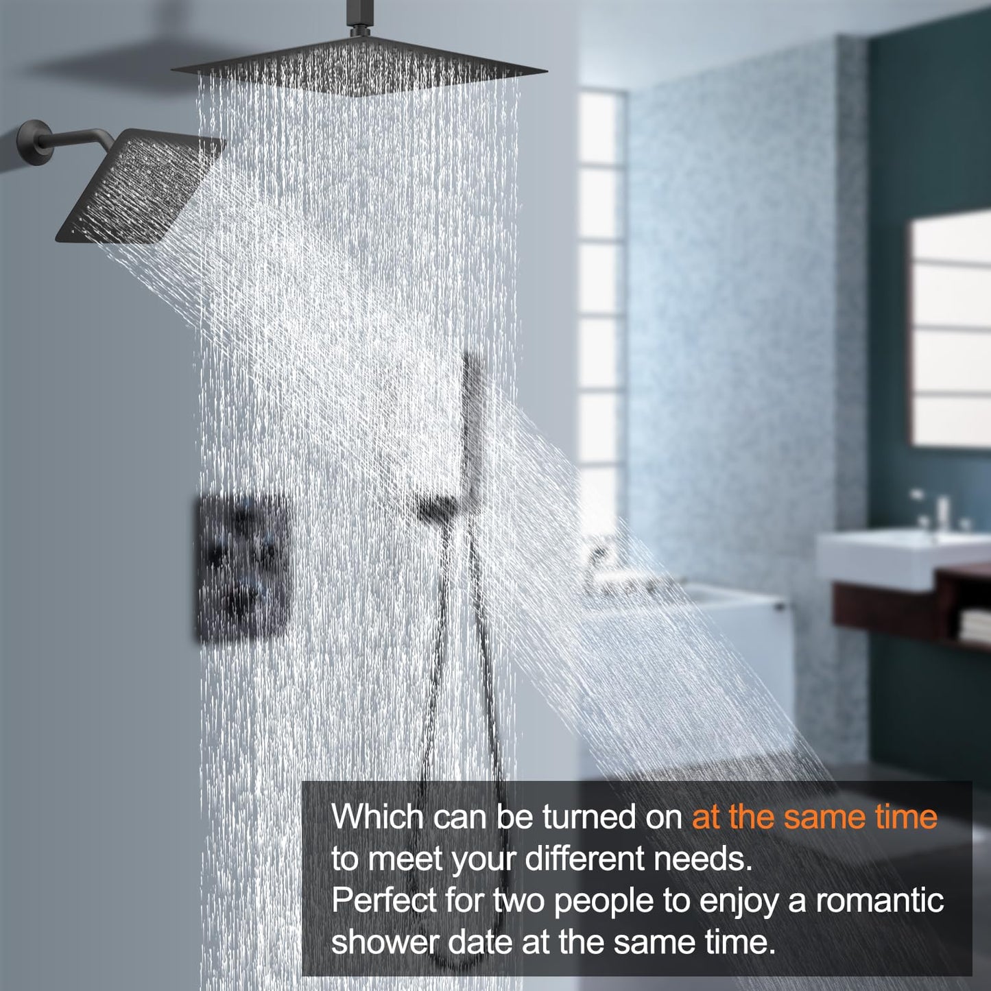 NPYSVSSS Dual Shower Heads Shower System with 16" Ceiling Mounted Rain Shower Head & 6" Wall Mounted Head Full Body Shower System 3 Way Thermostatic Shower Valve Can All Run Together, Matte Black