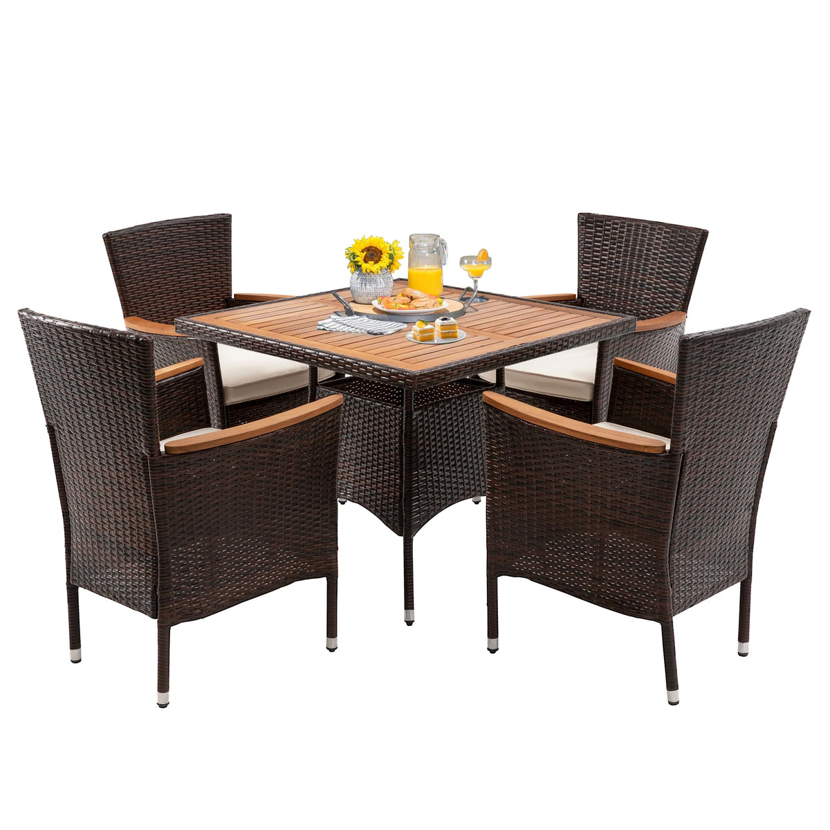 RoyalCraft 5 Piece Patio Wicker Dining Sets for 4, Water-Resistant Rattan Outdoor Dining Table and 4 Chairs with Wood Table Top, Conversation Set for Deck, Garden, Backyard, Removable Cushions, Brown