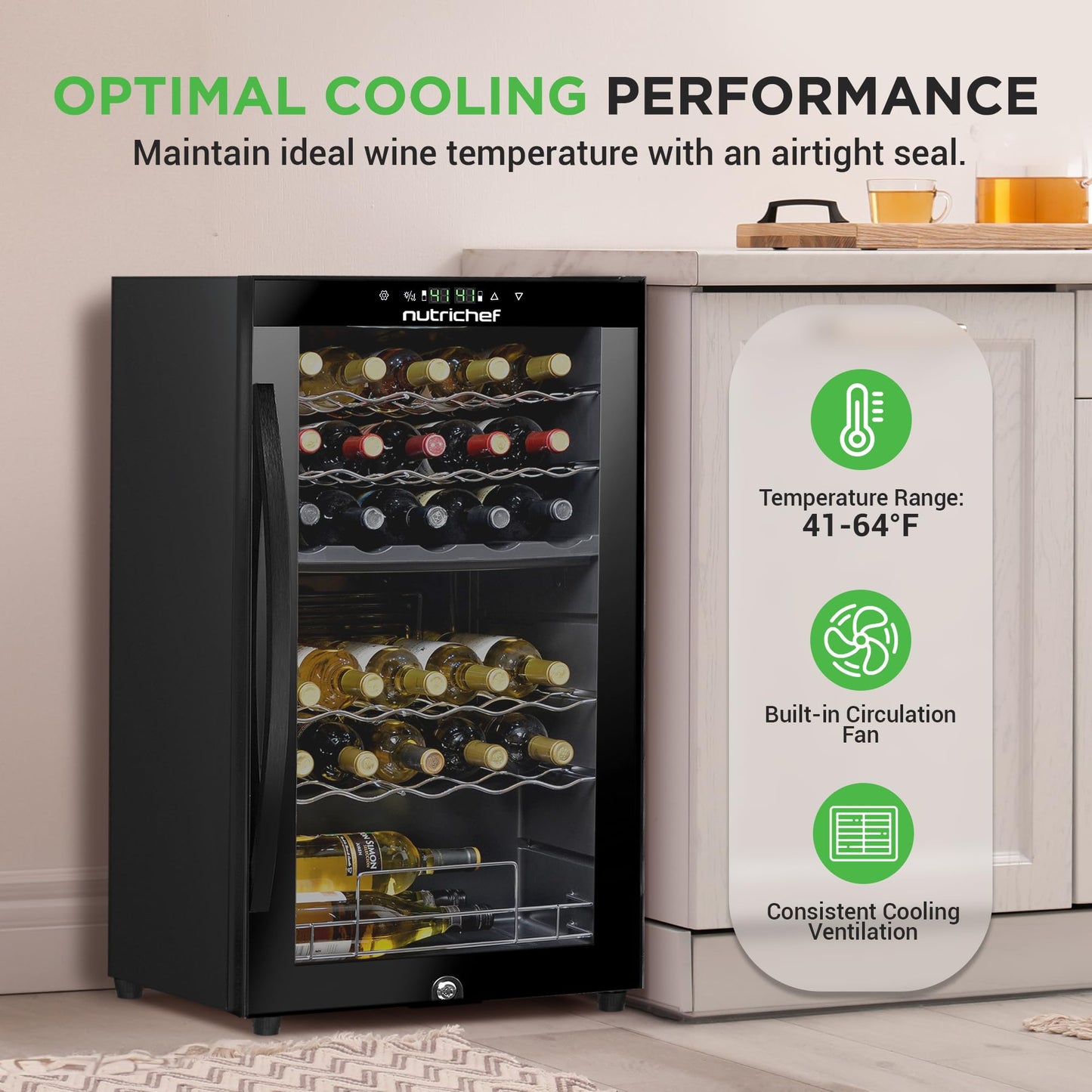 Nutrichef 33 Bottle Wine Fridge | Dual Zone Wine Cooler | Adjustable Temperature Control 41°F to 64°F | Ultra Quiet Operation | Freestanding Wine Chiller for Home & Office | 33x19x17 IN