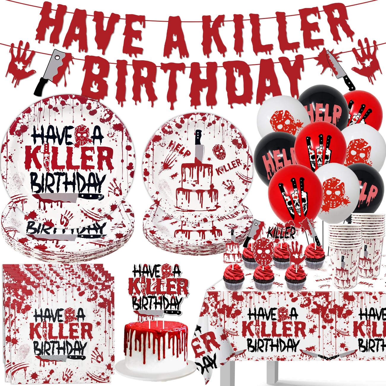 Halloween Birthday Party Decorations Have a Killer Birthday Decorations Scary Bloody Hand Plates Napkins Cups Have a Killer Banner Tablecloth Balloon for Halloween Horror Movie Decor