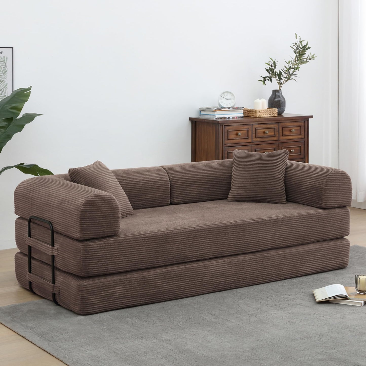 ZEIINPA Convertible Folding Mattress Couch, Comfy Corduroy Sleeper Floor Sofa Bed with Fixed-Shape Frame, Floor Sofa with Armrest, Lounge Couch for Living Room Bedroom Lounge Studio,Brown