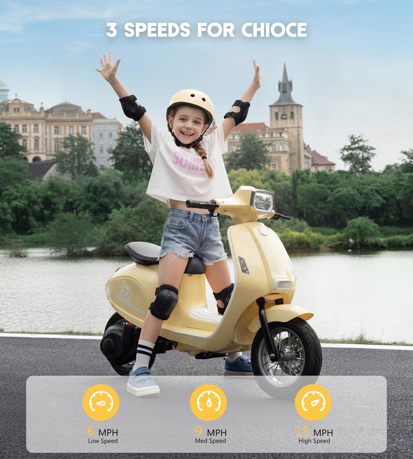 Kids Motorcycle, 2 Wheel Electric Motorcycle for Girls Ages 8-12, 24V Ride on Toys with Music, Story, Headlight, 3 Speed Options, Up to 60min Ride Time, for Riders up to 143 lbs, Easy Assemble, Yellow