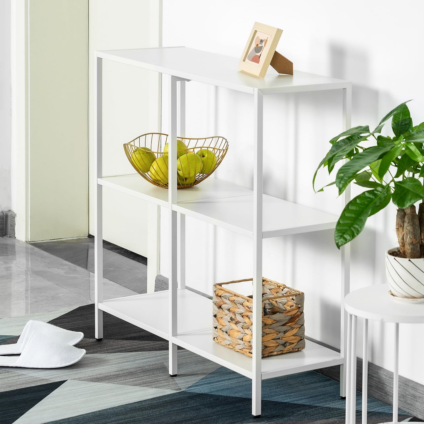 HDANI 31.5 Inch Metal Console Table with 3 Tier Strage Shelves,Narrow Entryway Table,Modern Sofa Tables for Entryway, Living Room,Bedroom,White