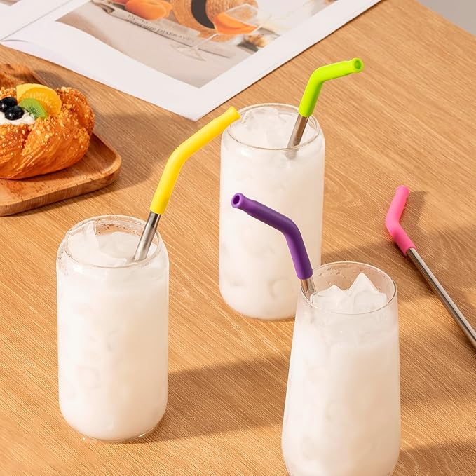 6 Pcs Metal Reusable Straws for 40 oz Tumbler, Stainless Steel Long Drinking Straw with Colourful Silicone Tips,Straw for Glass Cups, Cleaning Brushes Included, BPA FREE