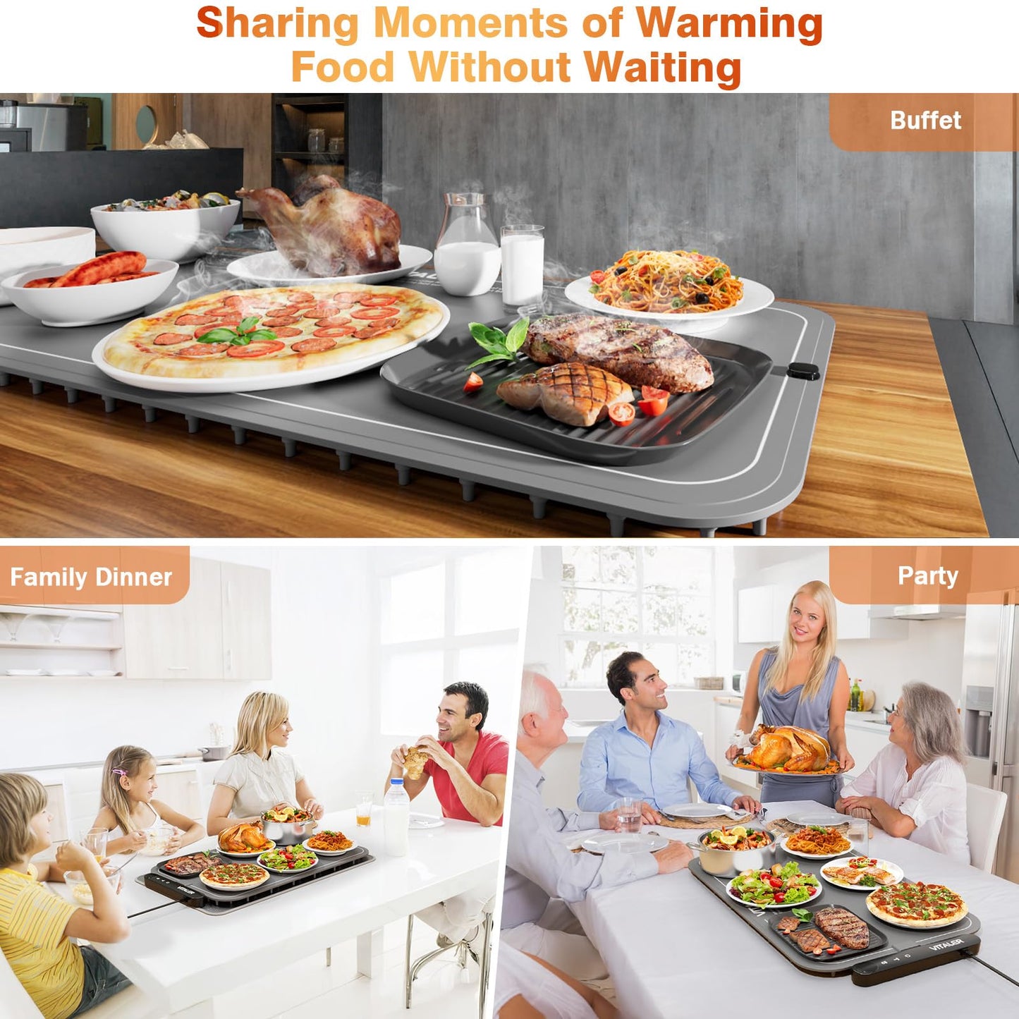 Vitaler Warming Mat for Food, Electric Warming Trays, Upgrade Graphene Fast Full-Surface Heating Mat for Food with 6 Level Temp, 6 Hours Timer, Food Warmer Pad, Not Included Heat-Insulating Mat