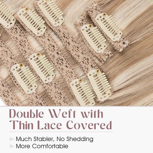 Elailite Clip in Hair Extensions Real Human Hair, Remy Hairpieces for Women, 7PCS Lace Weft Full Head, 14 Inch 100g Golden brown & Bleach Blonde