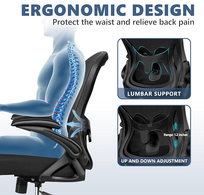 Winrise Office Chair Desk Chair, Ergonomic Mesh Computer Chair Home Office Desk Chairs, Swivel Task Chair Mid Back Breathable Rolling Chair with Adjustable Lumbar Support Flip Up Armrest (Black)