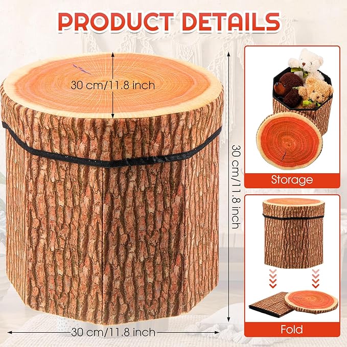 Amylove 8 Pack Tree Stump Storage Stool 12 x 12 Inch Stool Ottoman, Cute Folding Storage Box with Foam Cushion, Collapsible Seat Chest (Classic)