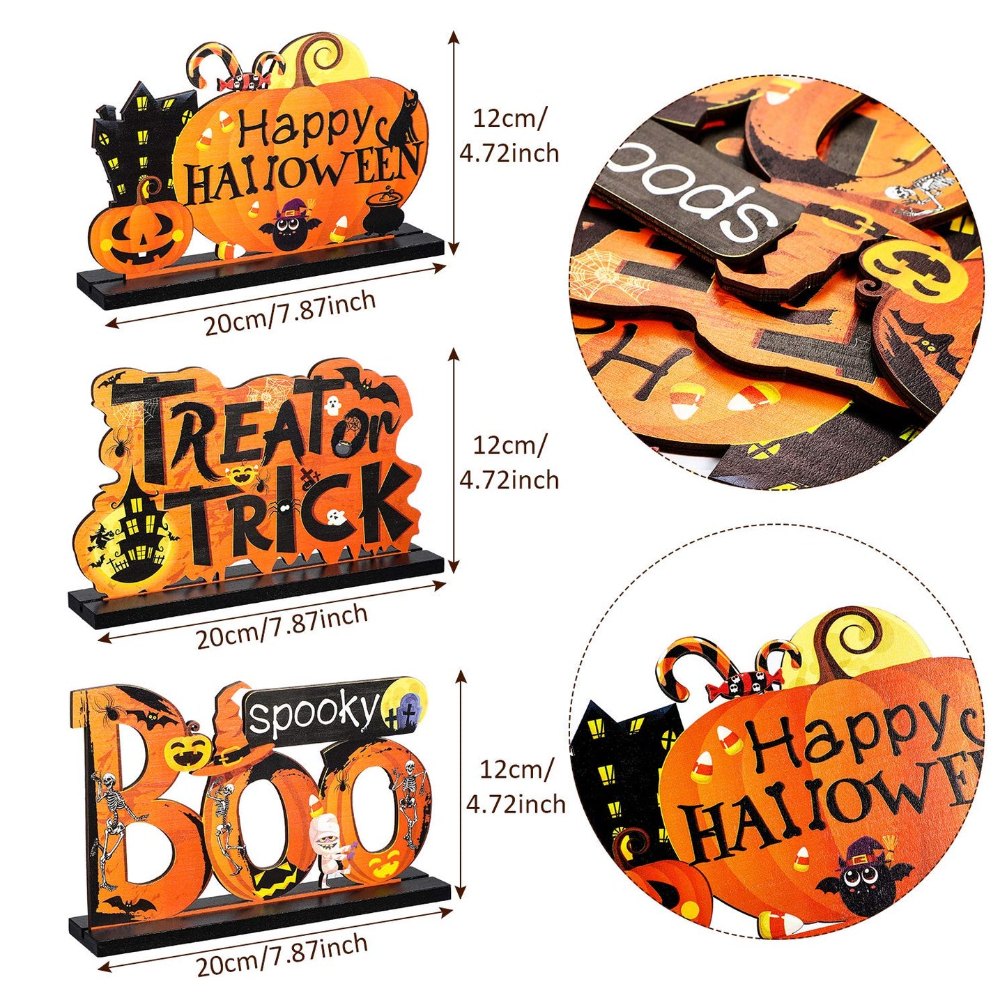 Blulu 3 Happy Halloween Table Decorations, Pumpkin Table Centerpieces Boo Sign Wooden Candy Day for Halloween Party Dinner Coffee Table Topper Tier Tray Room Decor, 7.87 x 4.72 Inch