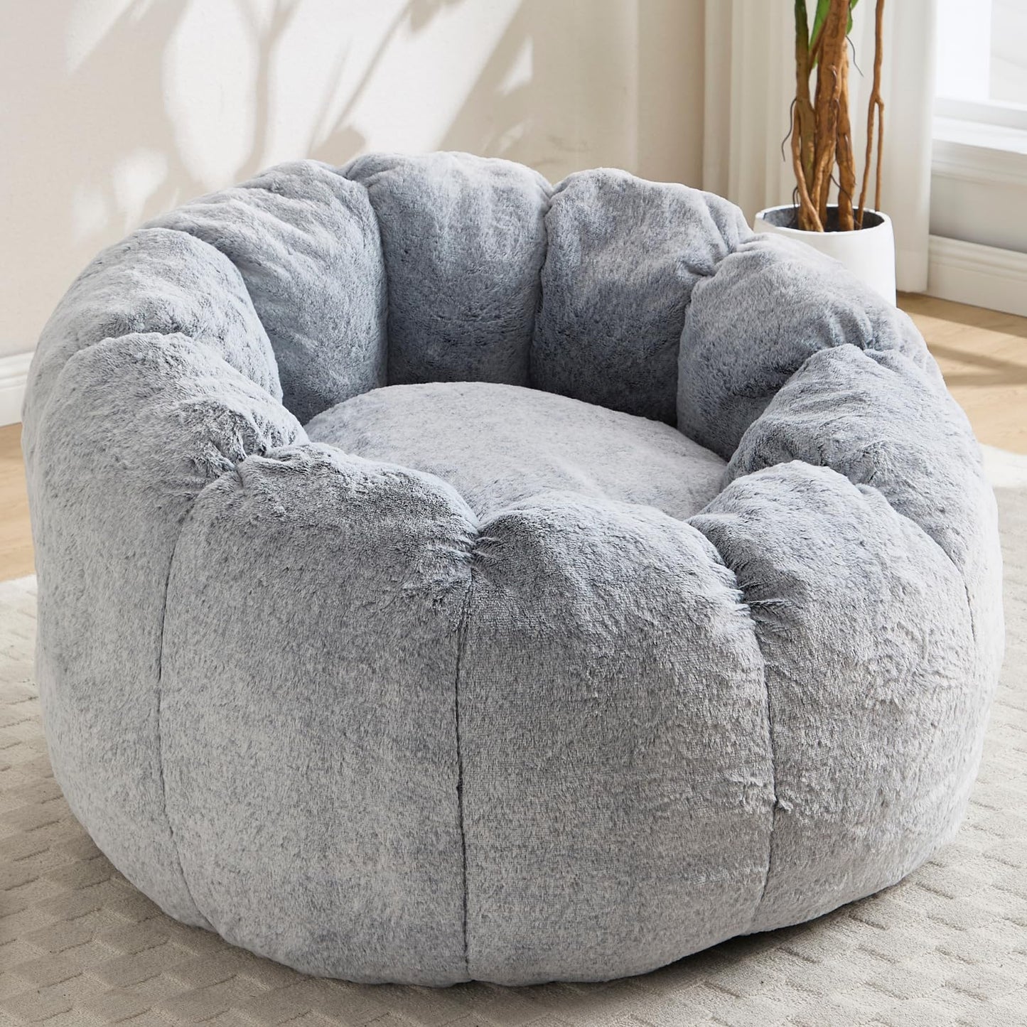 DUOMAY Giant Bean Bag Chair, Faux Fur Cozy Beanbag Chair for Adults, Kids, Round-Shaped Large Bean Bag Couch with Memory Foam for Living Room, Bedroom, Dorm, Grey