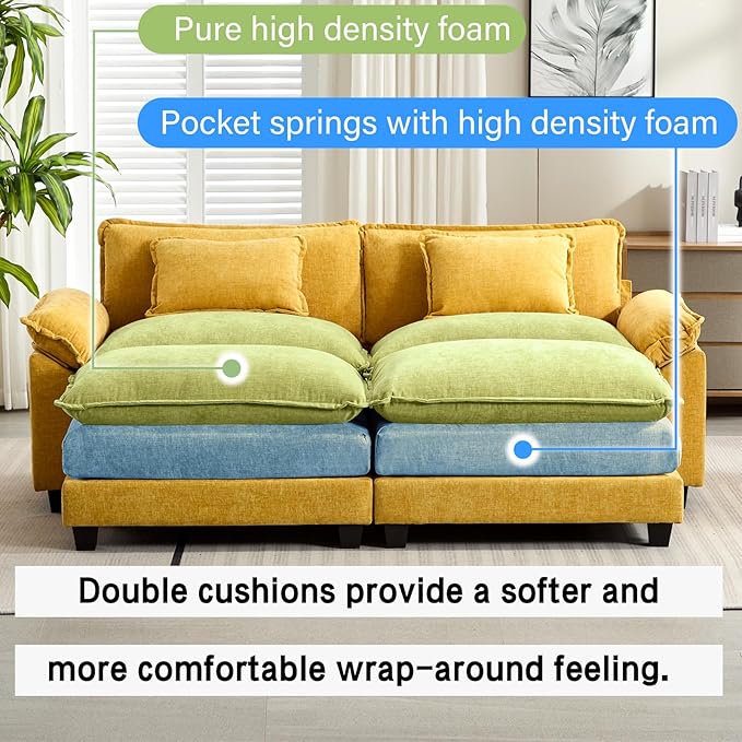 Oprisen 86" Modular Sectional Sofa, Comfy Cloud Couch Sectional Sofa with Ottoman, Chenille Sofa Sleeper Deep Seat Sofa with Throw Pillows for Living Room (Yellow)