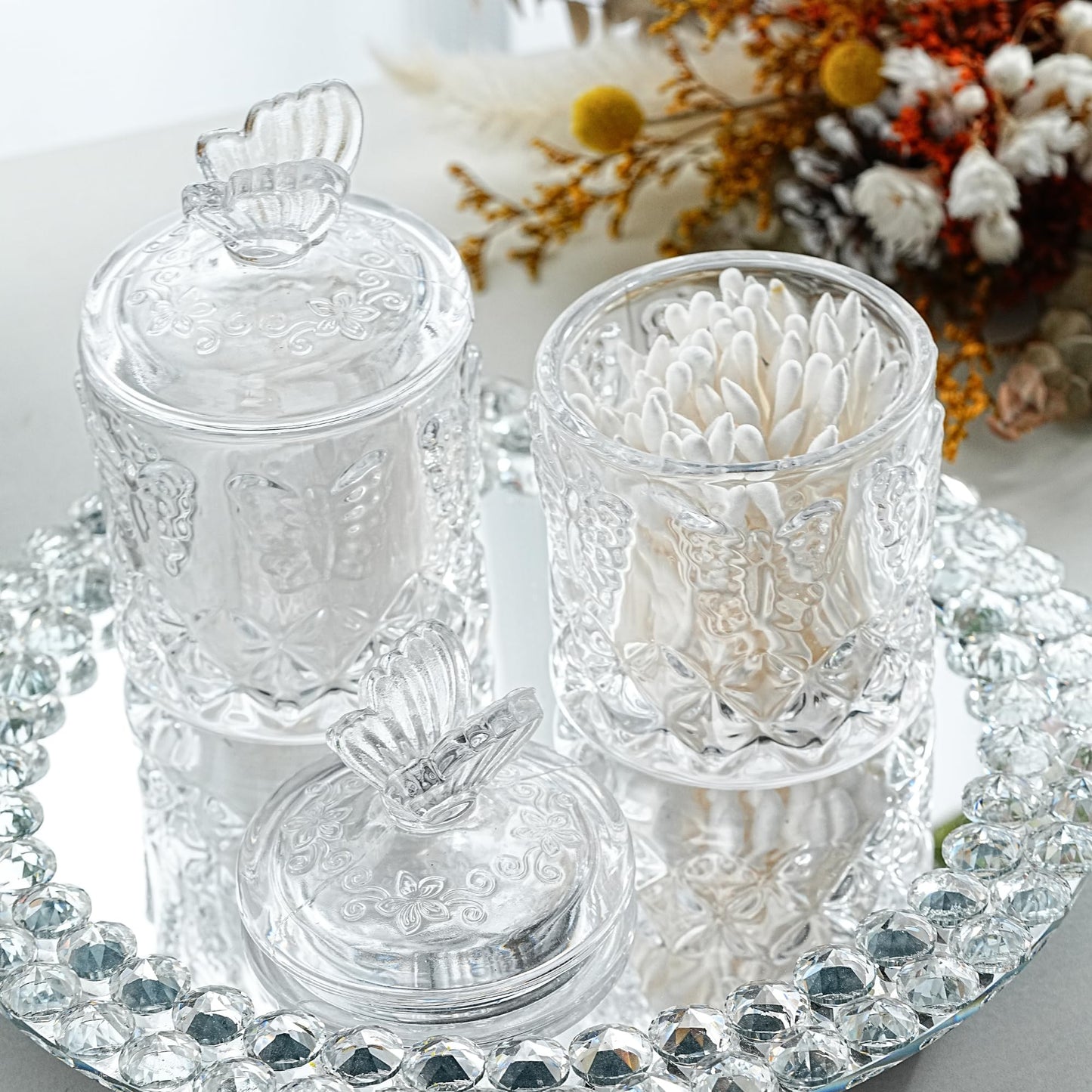 kanpura Qtip Holder Glass Apothecary Jars with Lid for Bathroom Decor Makeup Storage Canister for Cotton Swabs, Balls, Pads, Floss Picks, Candy, Jewelry, 7 OZ, 2 Pack, Clear