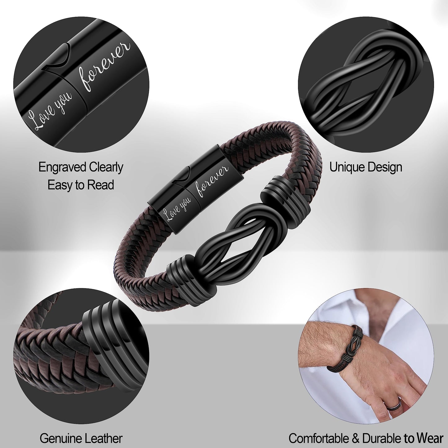 JoycuFF Gifts for Boyfriend Leather Bracelet for Men Anniversary Birthday Christmas Valentines Gifts for Him Boyfriend from Girlfriend to My Boyfriend Bracelet Forever Linked Together 7.5 Inch