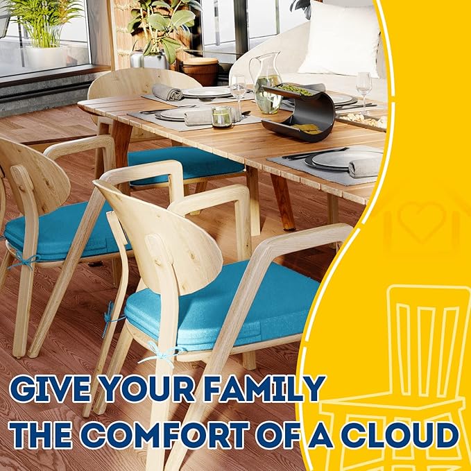 AAAAAcessories D-Shaped Chair Cushions, 2" Thick Dining Chair Pads with Ties and Removable, Machine-Washable Cover, 17" x 16", Teal