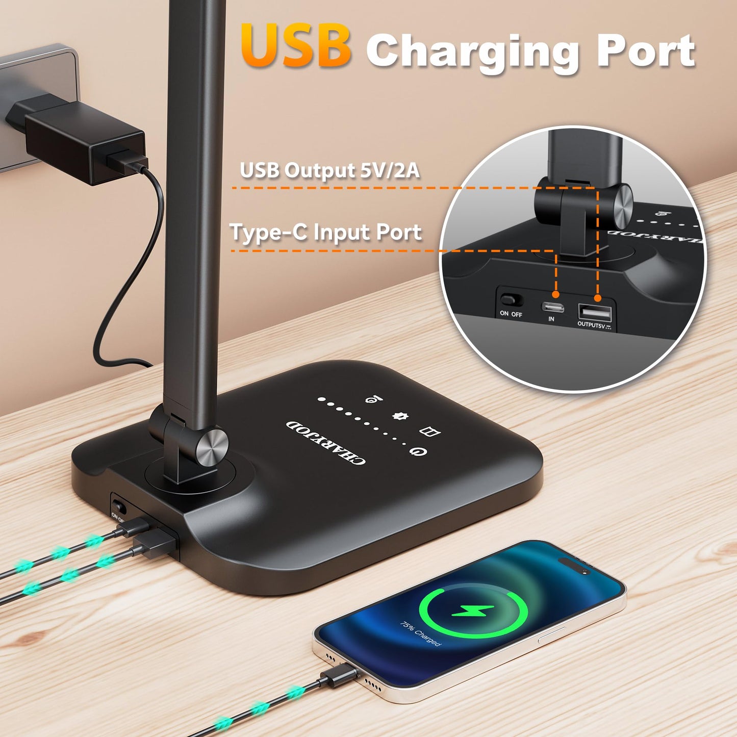 CHARYJOD LED Desk Lamp for Office Home, Height Adjustable Architect Desk Light with USB Adapter, Stepless Dimming Table Lamp Light for Reading, Study, Workbench
