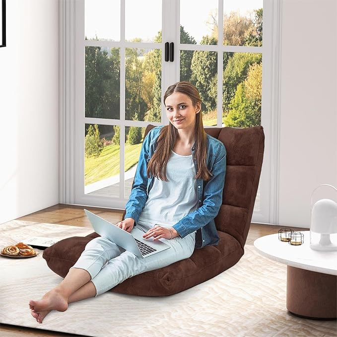 Folding Floor Chair w/Back Support, 14-Position Adjustable Lazy Sofa Chair w/Coral Velvet Fabric & Alloy Steel Frame, Portable Meditation Chair for Reading, Gaming,Sleeping (Coffee)