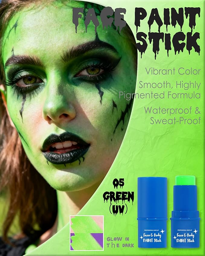 Green Face Paint Stick, Waterproof Highly Pigmented Glow in the Dark Body Paint, Green Eye Black Baseball Painting Stick, Body Painting for Patrick’s Day SFX Cosplay Halloween Makeup-05