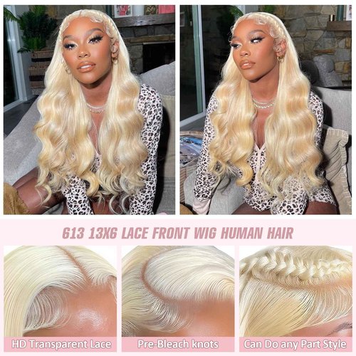 613 HD Lace Frontal Wig 200% Density 13x6 Blonde Body Wave Lace Front Wigs Human Hair Pre Plucked Glueless Wigs for Women (28inch)
