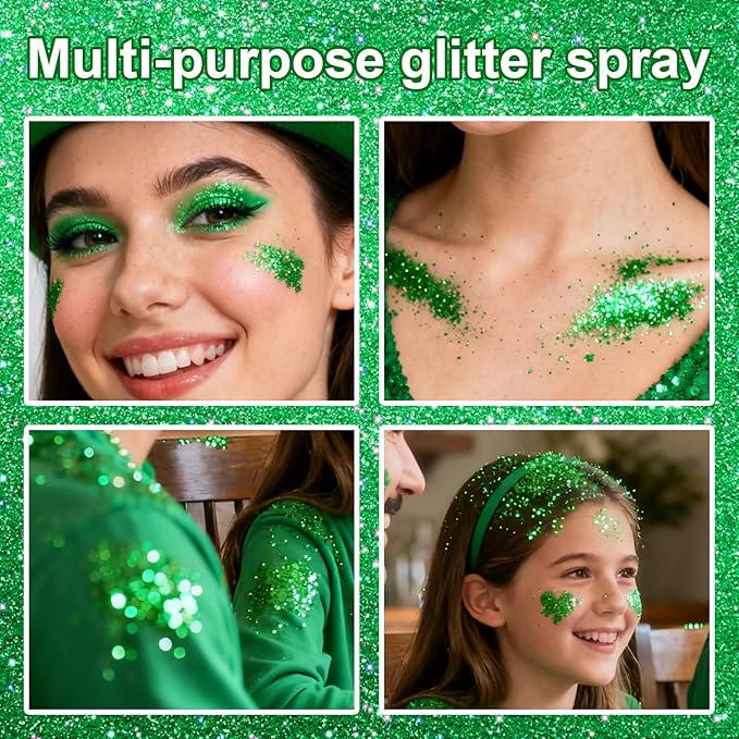 Hair and Body Glitter Spray, 1PC St Patricks Day Accessories Hair Glitter Extra Fine Face Shimmer Powder for Clothes, Festival Loose Sparkle Powder for Rave Nail Art Easter Crafts (Green)