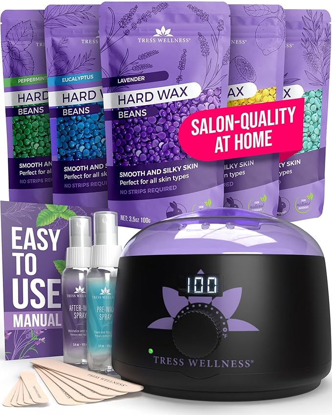 Tress Wellness Waxing Kit for Sensitive Skin, Safe for Face & Skin, Prep & Aftercare Spray, Easy to Use, At-Home Kit for F...