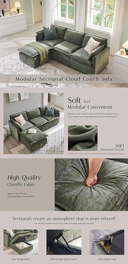 112.6" Sectional Couches for Living Room, Cloud Couch Sectional with Large Storage, U-Shape Modular Sectional Sofa with Ottoman, 6 Seater Chenille Sofa with Pillow for Apartment, Bedroom, Green