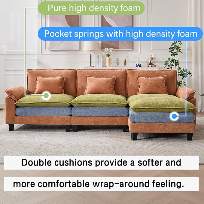 Oprisen 120" Modular Sectional Sofa, Comfy Cloud Couch Sectional Sofa with Ottoman, Chenille Sofa Sleeper Deep Seat Sofa with Throw Pillows for Living Room (Orange, 120"- L Shape)