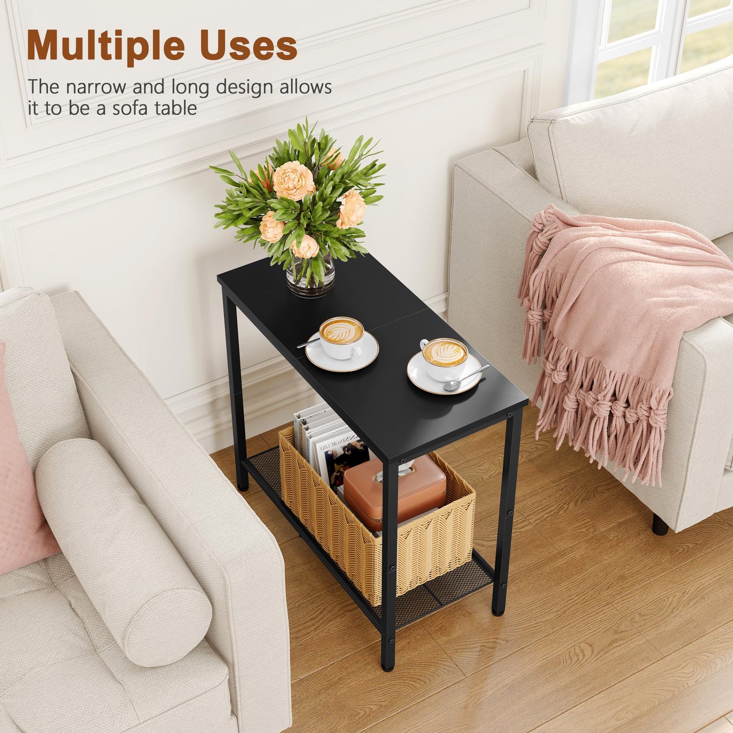 Hoctieon 2 Tier End Table, Sofa Side Table, Narrow Side Table with Storage, Slim Nightstand for Small Spaces, Metal Frame, for Living Room, Bedroom, Sofa Couch, Hall, Black