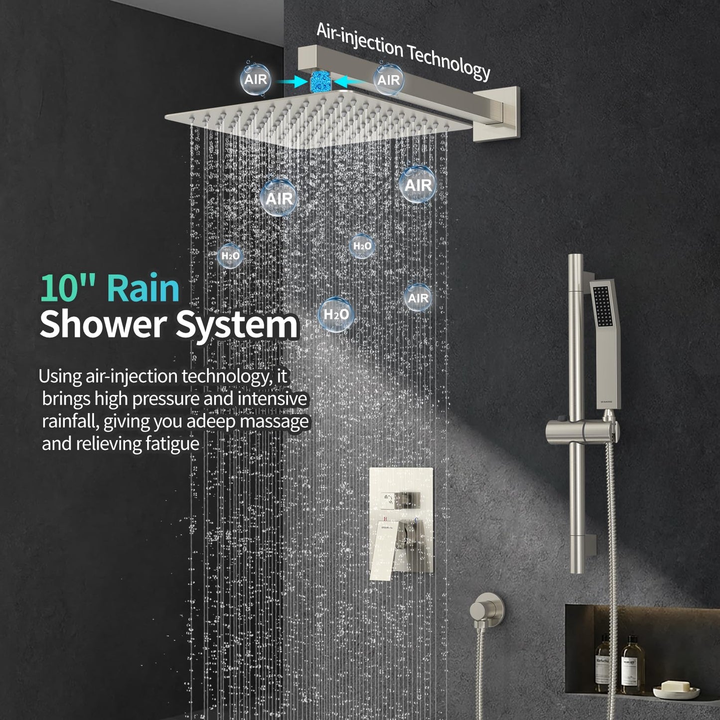 SR SUN RISE Shower System with 10" Rain Showerhead, Square Handheld Showerwith 16-Inch Slide Bar and 71-Inch Hose, Wall Mounted Shower Faucet Set Included Valve and Trim Kit, Brushed Nickel