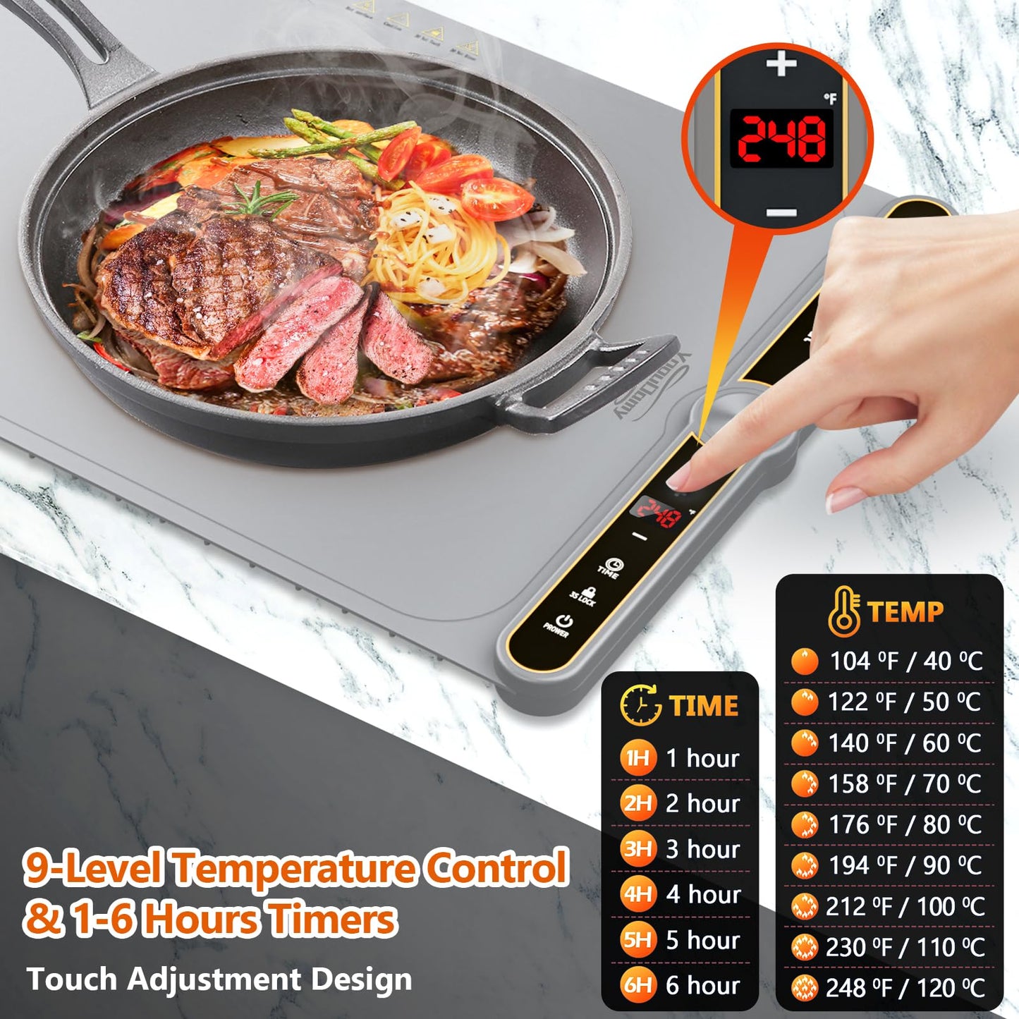 Warming Mat for Food, Food Warming Mat, Electric Warming Tray for Buffets Party, 6 Gear Timed 9 Gear Temperature Controlled 18H Auto Power Off Full Surface Rapid Heating Mat for Food, Home Daily Use