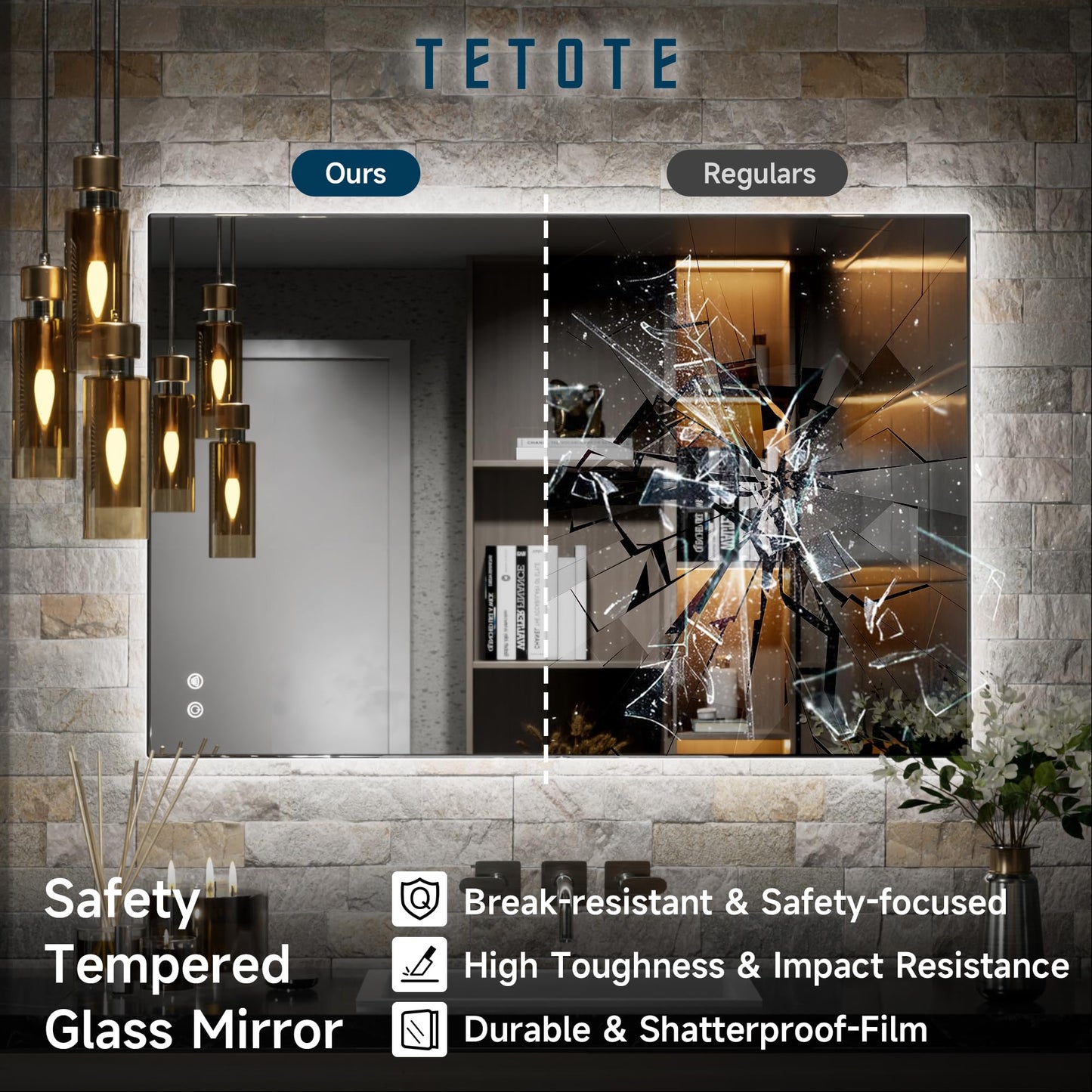 TETOTE 24 x 36 Inch LED Mirror Backlit Bathroom,Anti-Fog Mirror with Light,Dimmable,CRI90+,IP54 Water Proof,Wall Mounted Vanity Lighted,Horizontal/Vertical