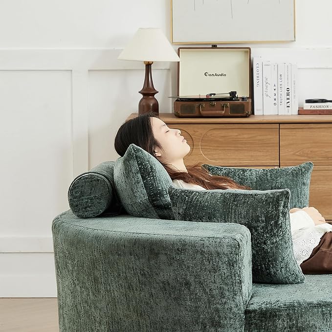Oversized Round Swivel Chaise Longue Chair Indoor, Modern 55-inch 360 Degree Swivel Upholstered Chenille Deep Seat Circle Single Cloud Sofa Chair for Living Room Bedroom Apartment Office, Green