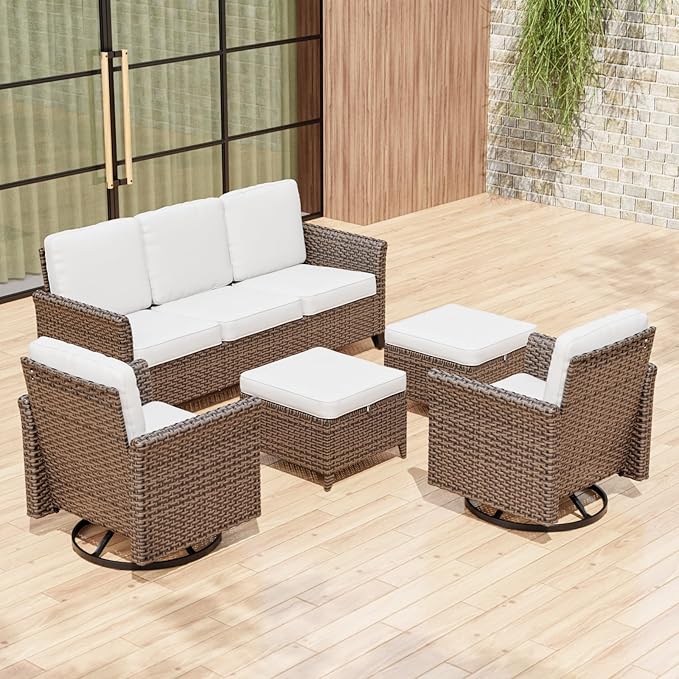 COOS BAY Harbor Retreat 5 Piece Outdoor Furniture Set, Patio Conversation Set with w/Swivel Rocking Chairs, 3 Seat Couch and Ottomans, Wicker Furniture, Brown/Beige