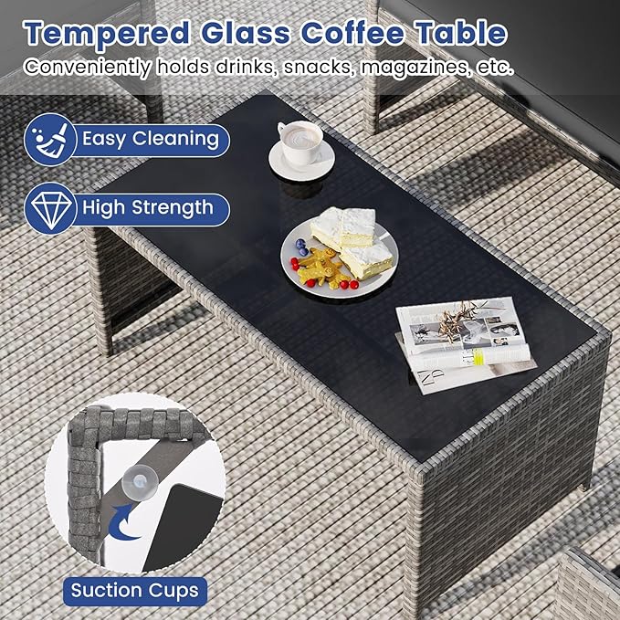 Tangkula 4 Piece Patio Wicker Furniture Set, Outdoor Heavy Duty Rattan Cushioned Chairs, Loveseat and Tempered Glass Coffee Table, for Backyard, Balcony, Poolside (Black)