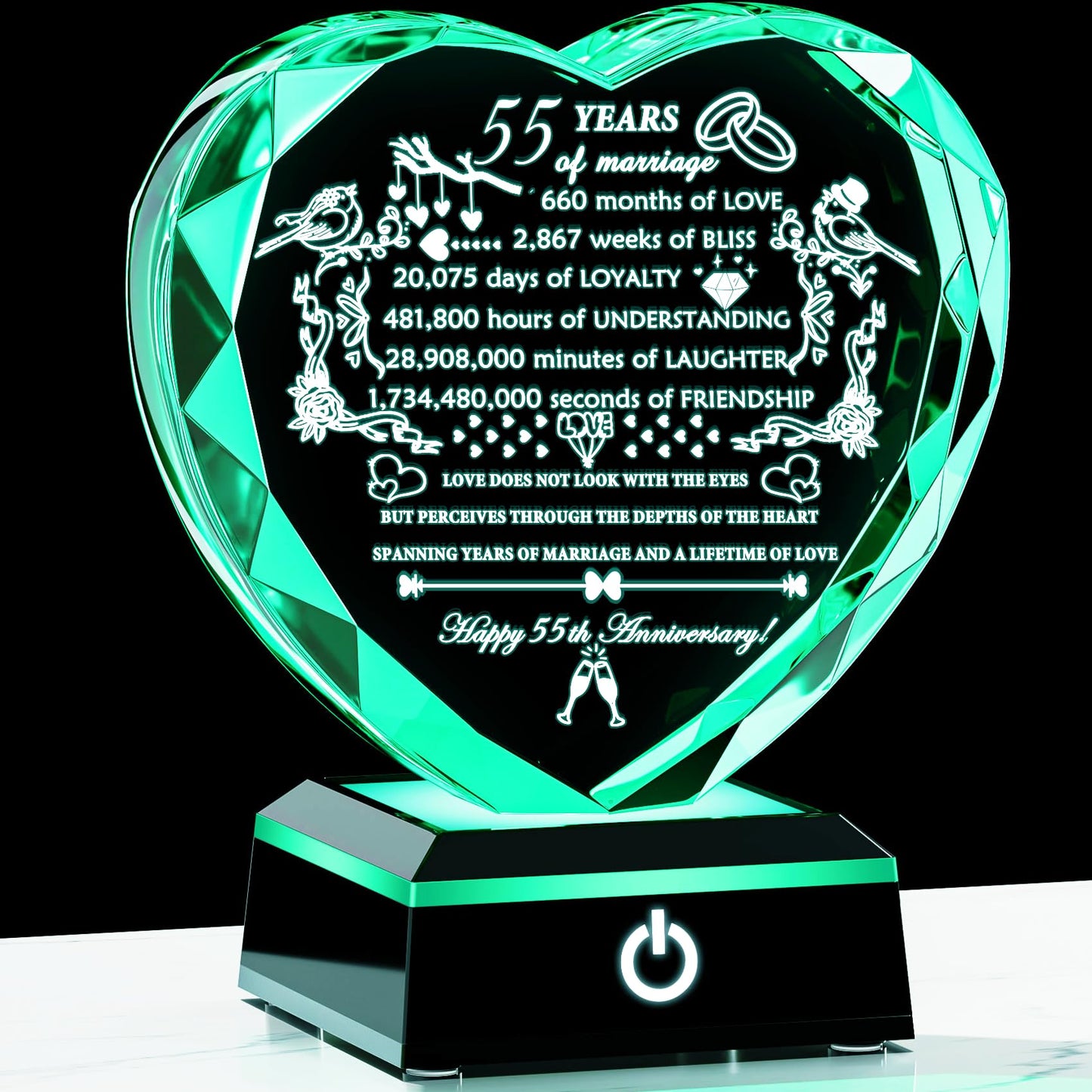 YWHL 55th Wedding Anniversary Heart Gifts with Colorful LED Base Engraved Happy 55th Anniversary Crystal Keepsake Gift for Couples Parents Romantic 55 Years of Marriage Gifts for Wife Husband
