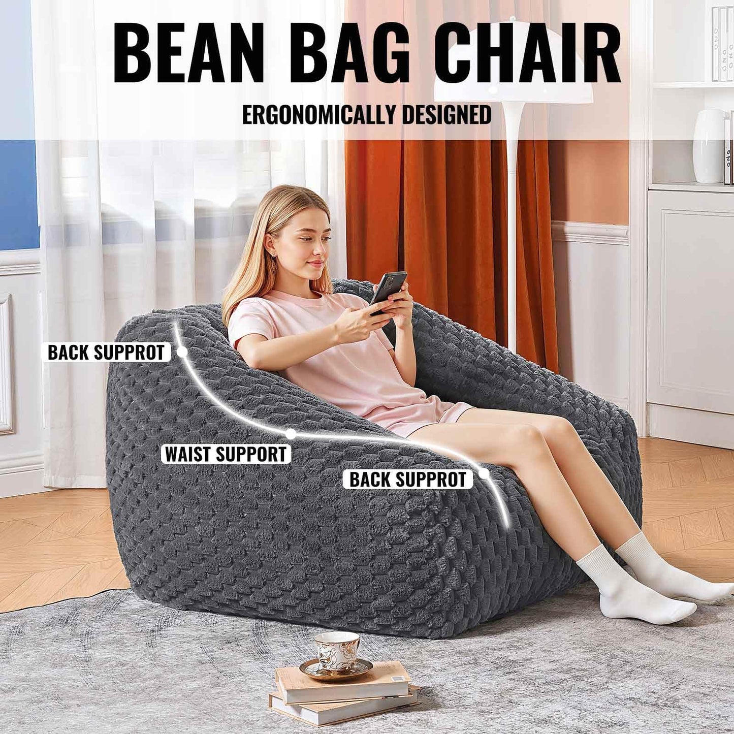 Comfy Bean Bag Chair for Adults with Filling,Giant Beanbag Chairs Memory Foam Bean Bag Chairs with Armrests,Beanbag Chair Lazy Floor Sofa for Bedroom Livingroom