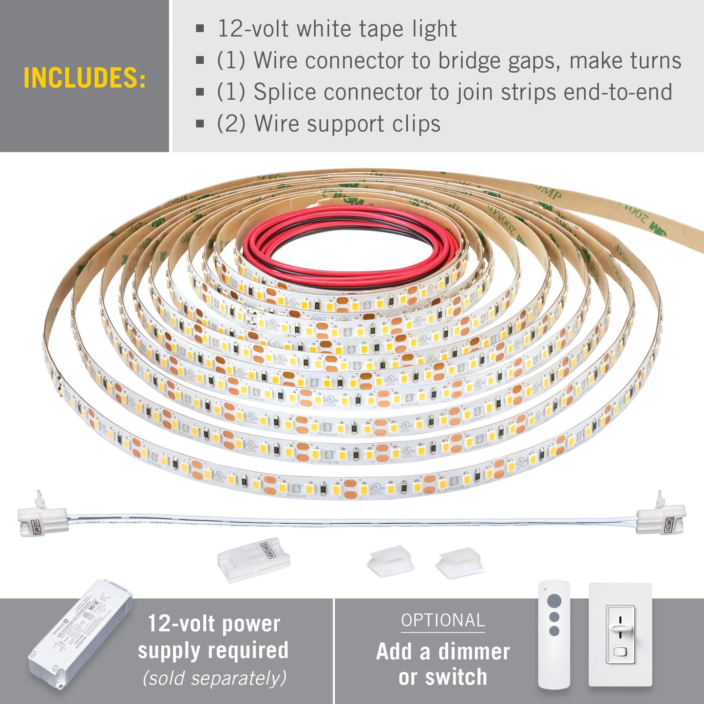Armacost Lighting RibbonFlex Pro 12V White LED Strip Lights 120 LED/m, 4000K, 8.2 ft 153210