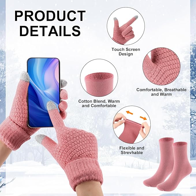 SATINIOR 5 Pcs Winter Hat Scarf Gloves Set Fleece Warm Lined Knit Beanie Hat Touch Screen Earmuff Gloves Warmer for Women(Pink,Rhombus Pattern)