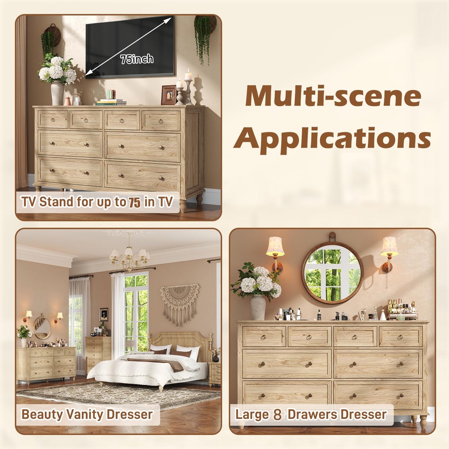 chartustriable 65inch Large Long Drawer Dresser w/Deep Drawers,Rustic Wood 8 Drawer Dresser with Large Capacity for Living Room,Wooden Chest of Drawers for Bedroom,Living Room,Entryway,Oak