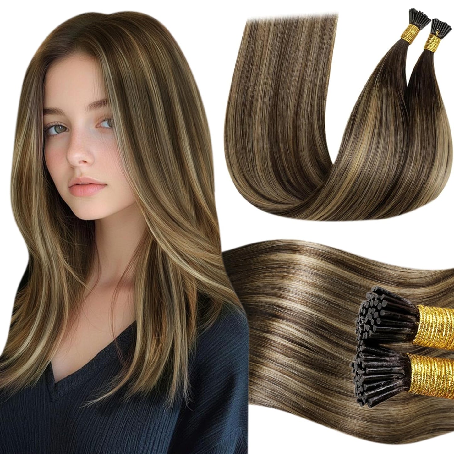 LaaVoo Itip Human Hair Extensions Balayage I Tip Hair Extensions Real Human Hair Medium Brown with Caramel Brown Itip Hair Exten