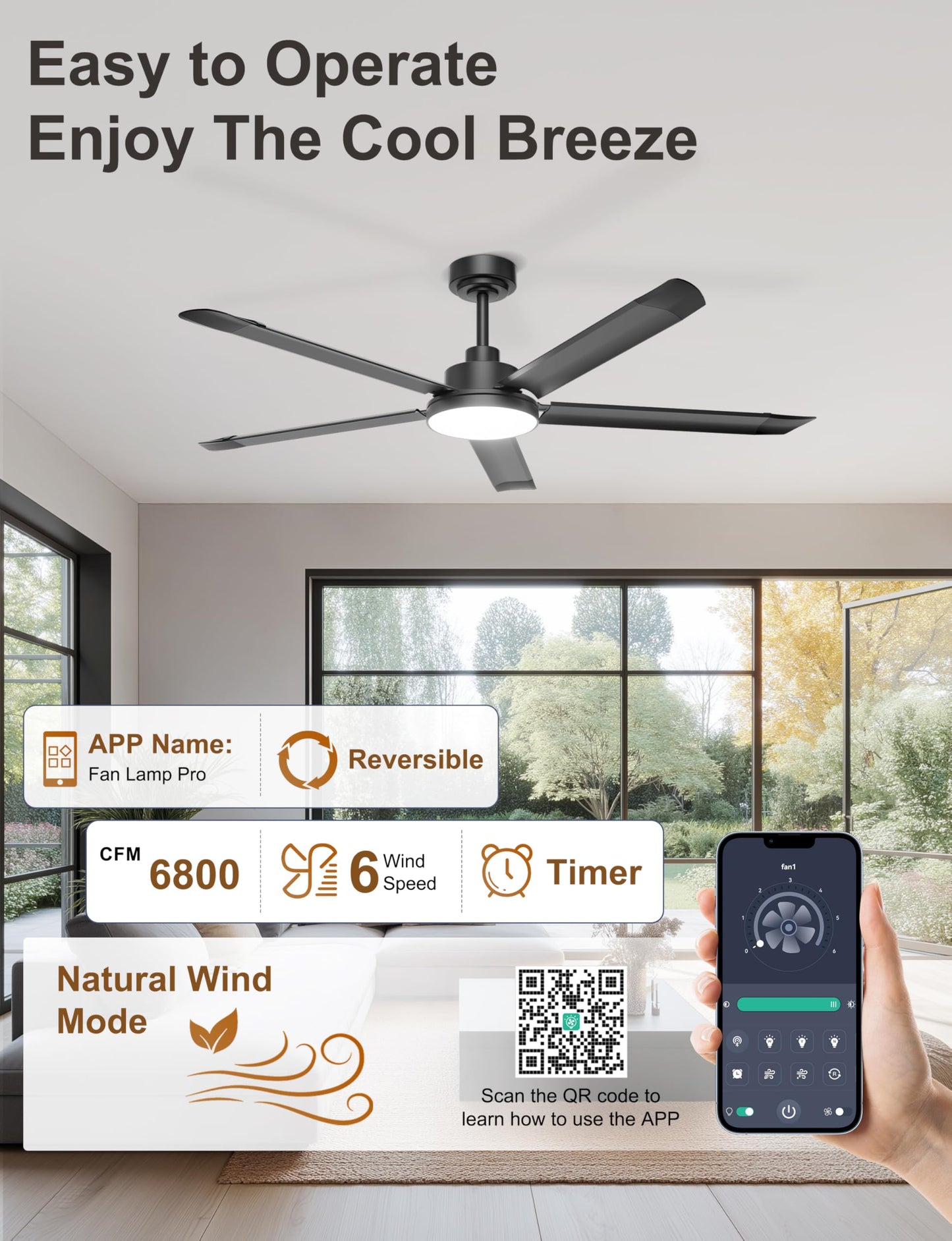 Ohniyou 60'' Ceiling Fan with Lights, Industrial Ceiling Fan with 5 Aluminum Blades, App/Remote Controlled, Dimmable, for Outdoor Patio, Living Room, Black
