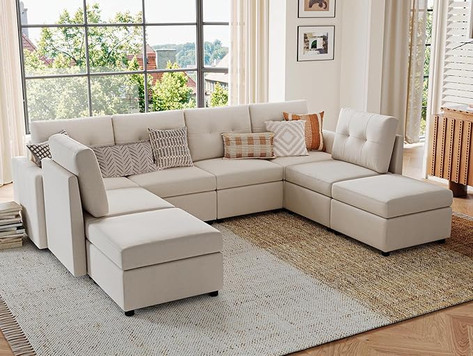 LINSY HOME Modular Sectional Sofa Oversized, Removable Cover Living Room Couches with Storage Deep Seat & Ottoman Chaise L/U Shaped Sofa Modern Couch (Beige, 6 Seats & 2 Ottomans)