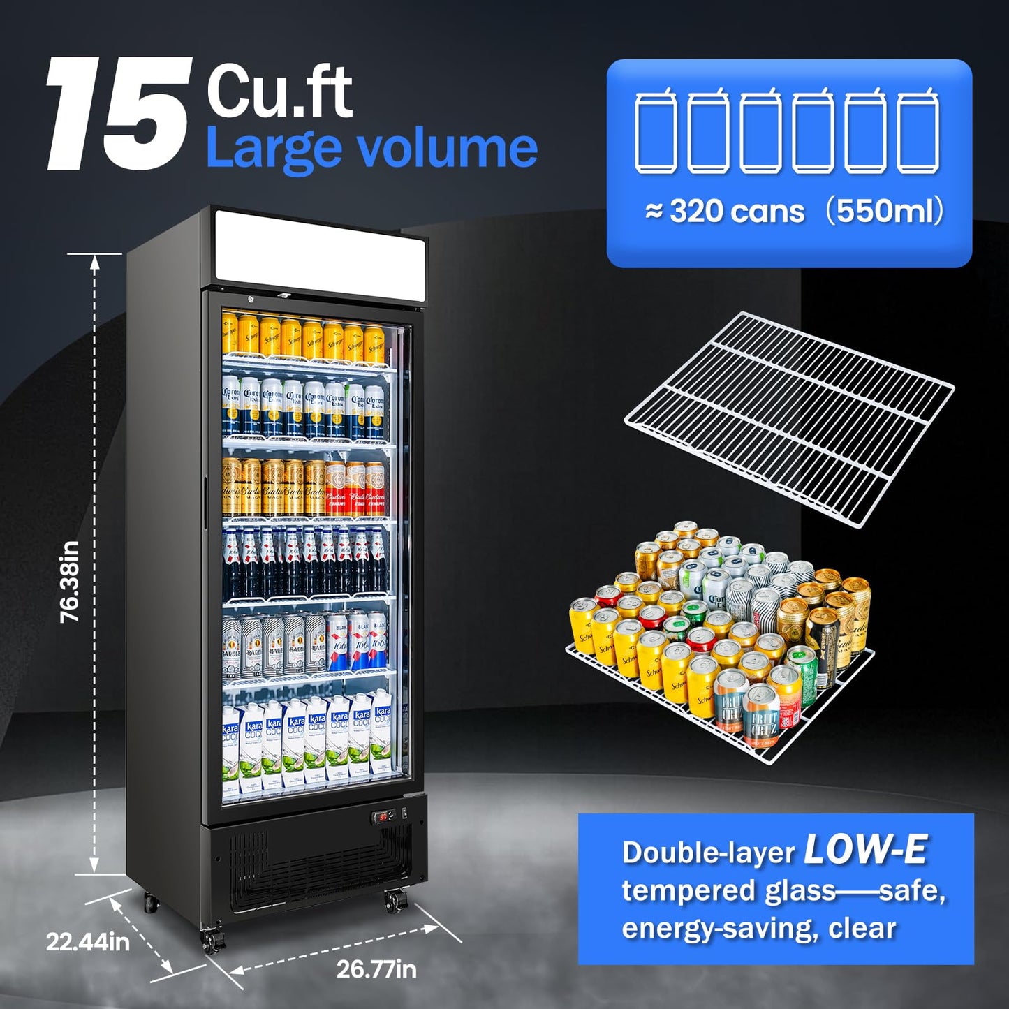 BINGERMA Commercial Beverage Refrigerator 15 Cu.ft. with Glass Door Display Merchandiser Fridge ETL Drink Cooler for Bars, Restaurants, Convenience Stores, Supermarkets and Offices